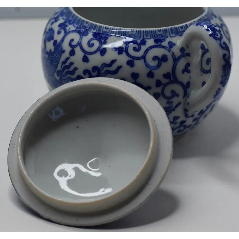 Vintage Blue & White Phoenix Fine Porcelain Sugar Lidded Bowl Japan